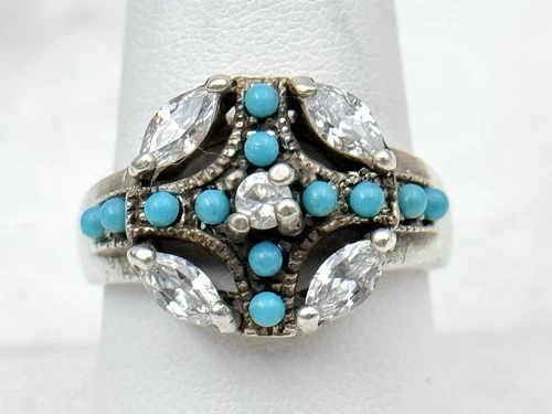 Vintage Sterling Silver Turquoise Beads & CZ Cocktail Ring Sz 8.5