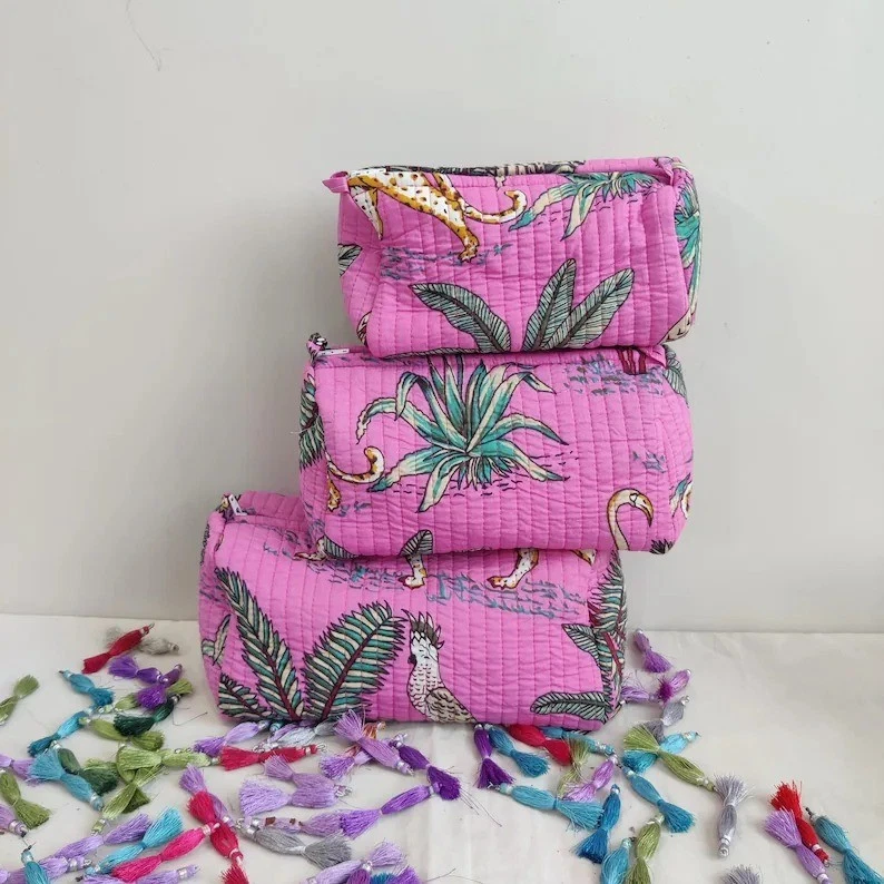 Indian Cotton Pink Forest Toiletry Bag Unisex Makeup Bags Waterproof 3 Pcs. Set