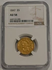 1847 $5 Gold Liberty NGC AU 58 Half Eagle - US gold coin, free shipping!!!