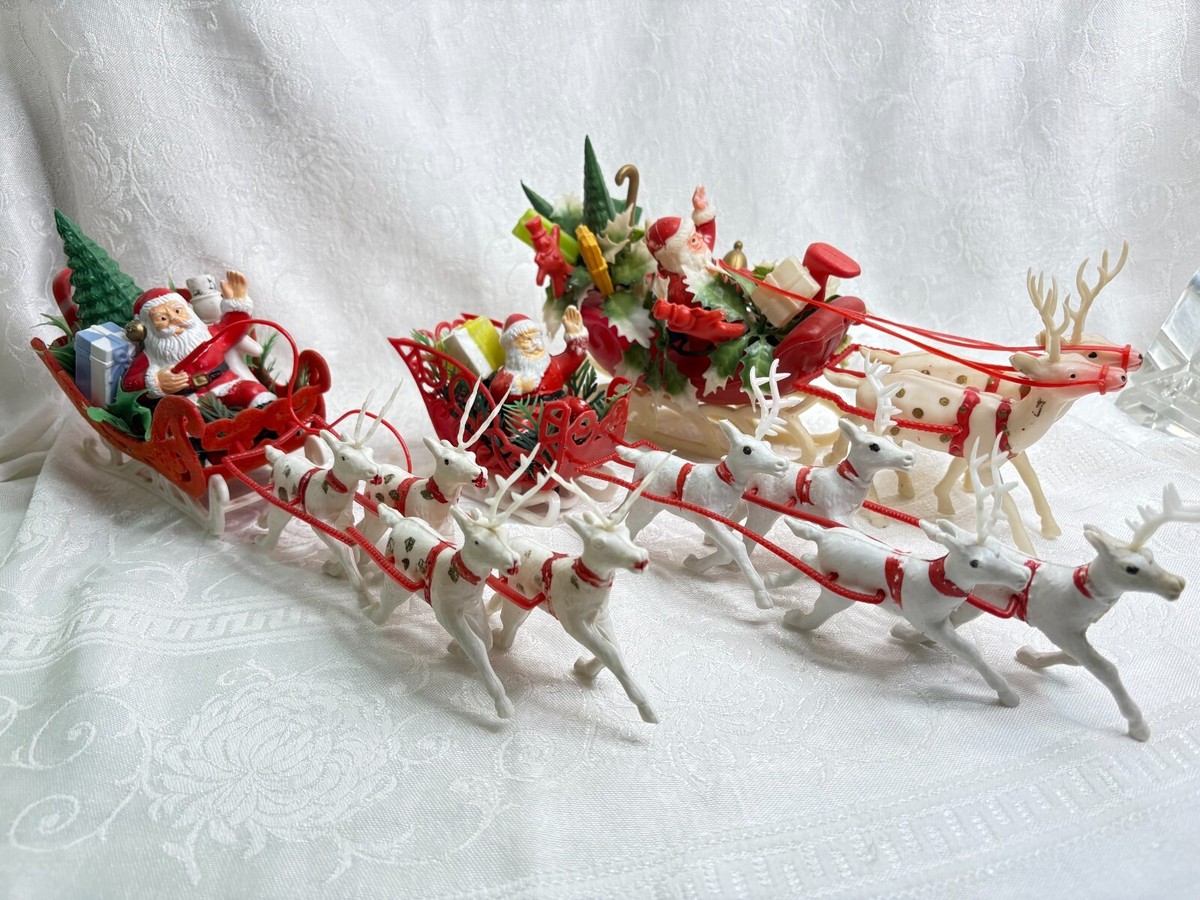 Vintage Lot 3 Plastic Christmas Santa Claus on Sleigh with