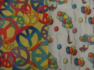 Cotton Fabric Lot of 2 Remnant Scrap Pieces Curios George Balloons Peace Signs