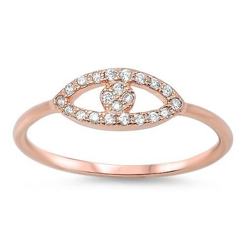 Rose Gold Plated Sterling Silver Evil Eye Ring With Cubic Zirconia, Size 5,6,7&8