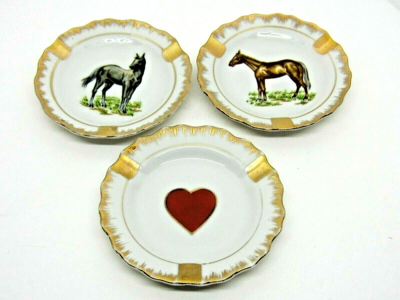 Horses and Heart Trinket Dish Pin Vintage Ash Tray Set of 3  Gold Leaf Porcelain