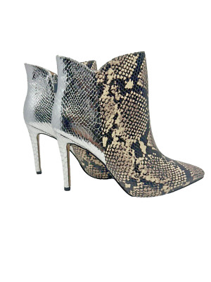 BCBG Generation Haffi Snakeskin Embossed Silver Ankle Heel Bootie Size 8M / 38.5