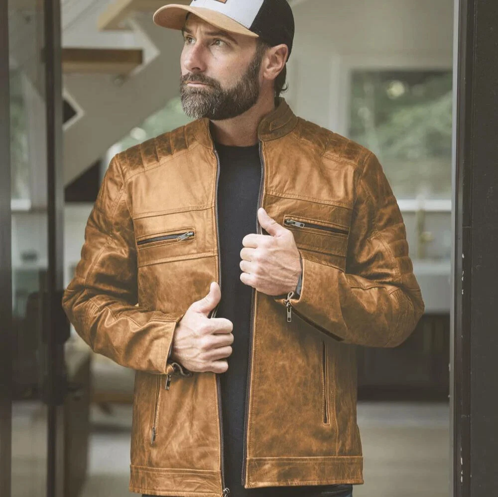 Men's Distressed Gold Leather USA Style Real Leather Biker Jacket,Western Style