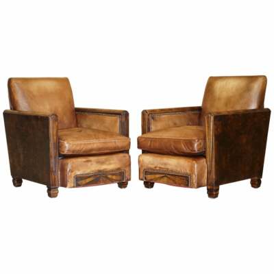 ANTIKES PAAR METROPOLITAN ART DECO 1920 HANDGEFÄRBTE BRAUNE LEDER SESSEL