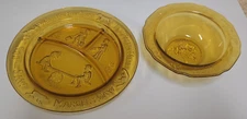 Vintage Amber Colored Depression Glass Child Divided Plate And Bowl