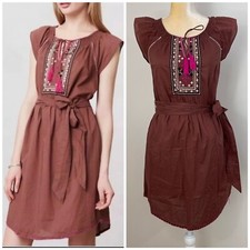 Maeve Anthropologie Size 2 Marbella Embroidered Mini Dress Brown Embellished