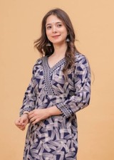 Blue Women Kurta Printed Straight Kurti Indian V Neck Ethnic Top Daily Tunic