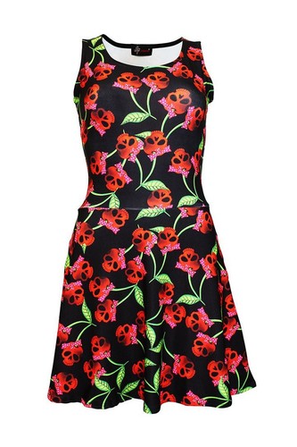 Women's Unique Cherry Skulls Bows Rockabilly Flare Swing Sleeveless Skater Dress - Picture 3 of 3
