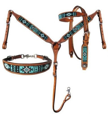 Turquoise Aztec Beaded Inlay Headstall & Breast Collar & Wither Strap NEW