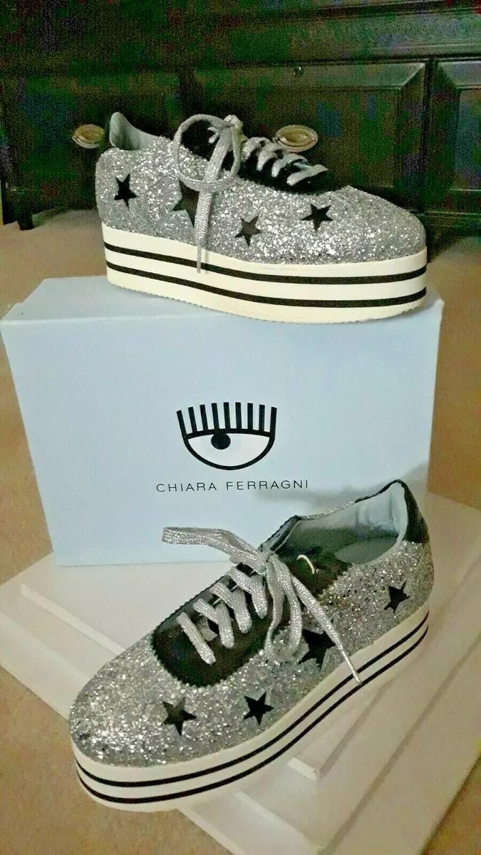 FERRAGNI Star Detail Silver Glitter Platform Sneakers, Size 9 | eBay