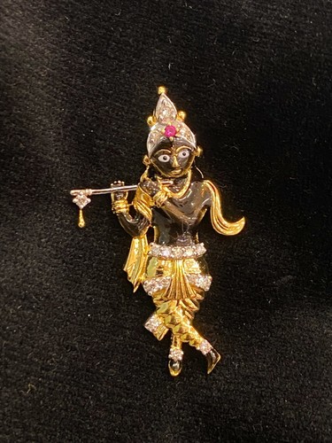 Pave 0.32 TCW Round Brilliant Cut Diamonds Unisex Krishna Pendant In 14K Gold - Picture 11 of 12