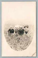 Fancy Hat Boy & Girl Friends in High Grass Field RPPC Antique Fashion Photo~1910