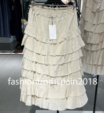 ZARA NEW WOMAN MID RISE ZW RUFFLED MIDI SKIRT FRAYED BEIGE GREEN 3118/209/714
