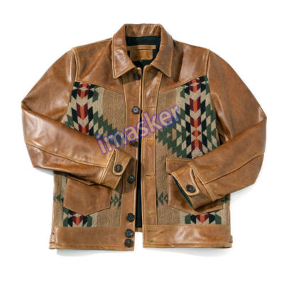 Mens Vintage Leather Western Tribal Aztec Jacket Southwestern Coat