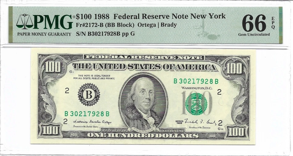 1988 $100 NEW YORK FRNs. 2 Consecutive & PMG GEM Uncirculated 66 EPQ Banknotes. - Image 2 of 4