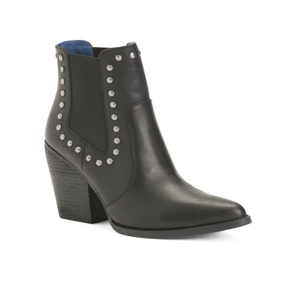 Botín Chelsea Dingo Stay Sassy Tachonado Cuero Negro Tacón Bloque Punta 10M