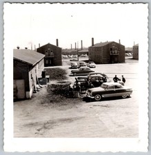 Vtg B&W Snapshot Men By 1950s Cars At Military Base Barracks Housing Area 1950s