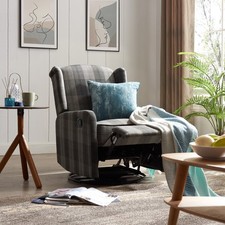 Grey Tartan Recliner Armchair Wing Back High Back Fabric Lounge Chair