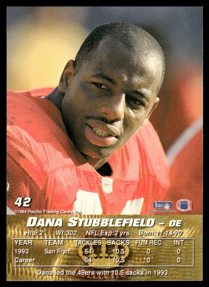 1994 Pacific Dana Stubblefield San Francisco 49ers #42 - Image 2 of 2