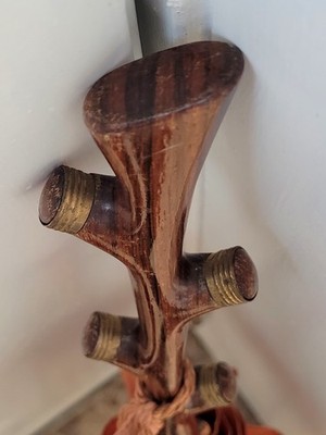  ATQ Vtg MCM France Wood ''Tree Branch'' Handle w/ Brass Collars & Tip Org Label