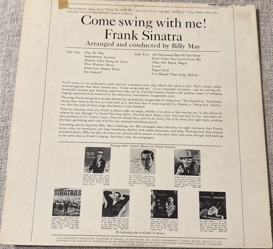 Frank Sinatra Come Swing With Me Vinyl LP Record Capitol Records W-1594 - Image 2 of 4