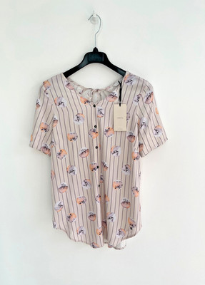 Numph Tunika Top Shirt rosa gestreift Knopfleiste Kurzarm 10/38 - neu mit Etikett £60