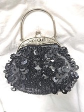 Vintage Black Sequin Evening Bag Kiss-Lock Clutch Top Handle