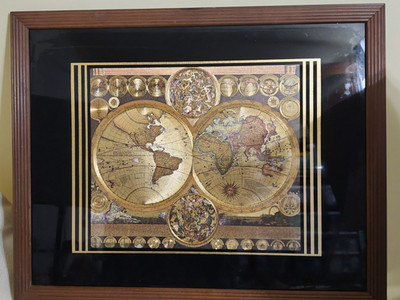 Vtg Gold Tone Foil Reprint of Planisphaerium Terrestre World Map by Peter Schenk