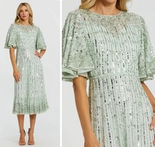 Mac Duggal 5579 Sequined Midi Dress Size 8 Sage Green Short Flounce Sleeve NWT