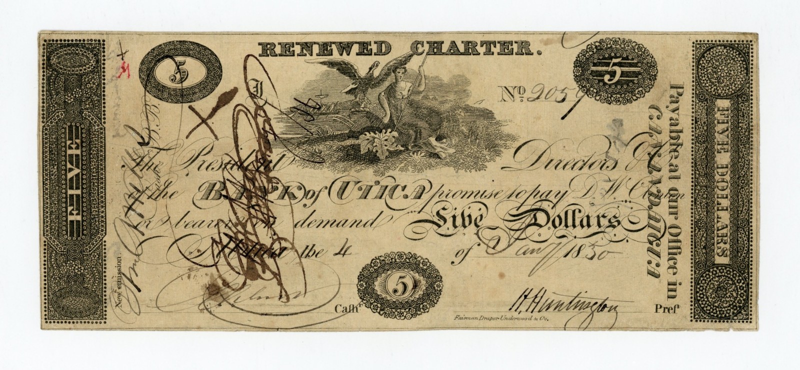 1830 $5 The Bank of Utica, NEW YORK (CTFT.) Note at Canandaigua Branch ...