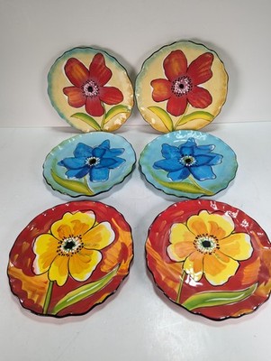 Grasslands Road Flower Salad/Dessert Plates Set of 6 Ceramic Bright Colors