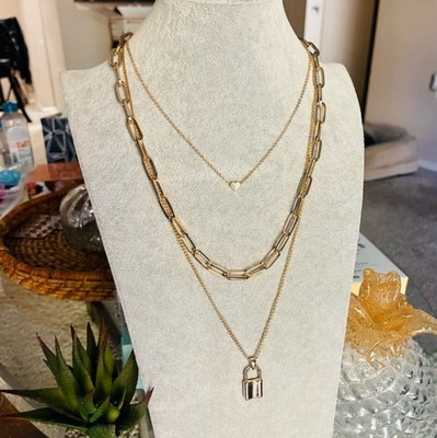 Park Lane Elexa 3 in 1 Goldtone Heart Lock & Chain link Necklace Layering w Box 