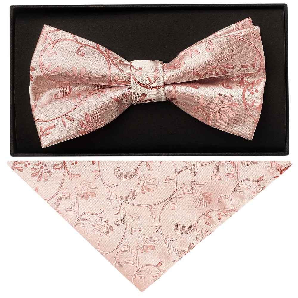 Rose Gold Floral Mens Bow Tie and Pocket Square Set Dickie Bow Handkerchief
