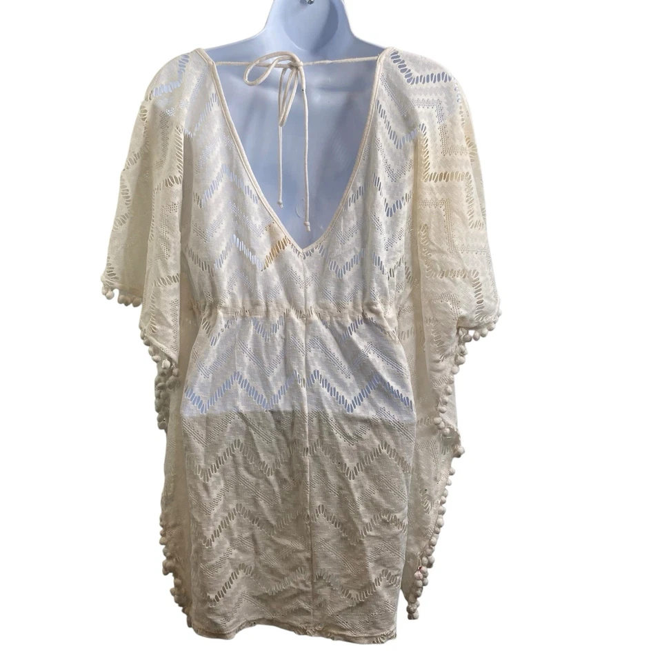 Poncho para mujer Miken blanco boho pompón cubierta talla S fluido playa piscina verano Foto 2 de 4