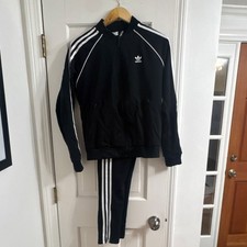 adidas Women's Black White Striped Tracksuit Set Jacket Pants Zip Pocket Size S