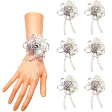 6 PCS Elegant Bridal Wrist Corsages Satin Rose Boutonnieres Silver