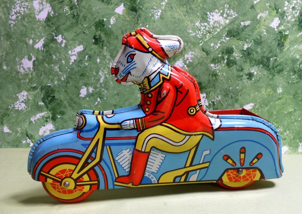 Wyandotte Easter Bunny Delivery Tin Motorcycle Sidecar Toy