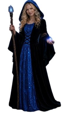 Celestial Witch Sorceress Hooded Gown Costume Womens L Black Blue Lace Up
