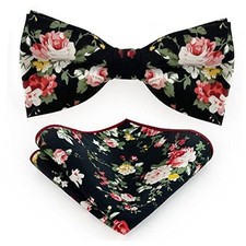 Bow Ties for Men Floral Pre-tied Bowtie and Pocket Square Set Hanky Black