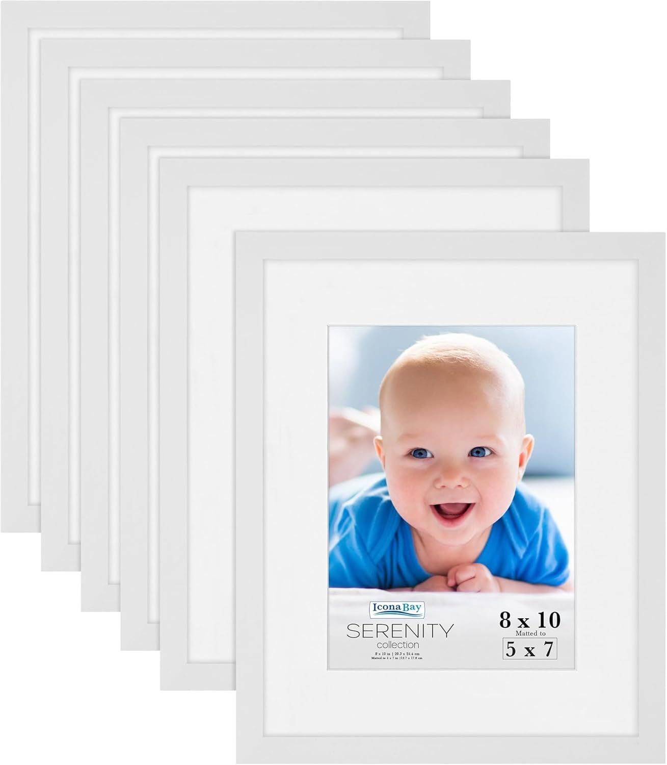 8X10 Picture Frames W/Removable Mat for 5X7 Photos (White, 6 Pack), Sleek Modern-image