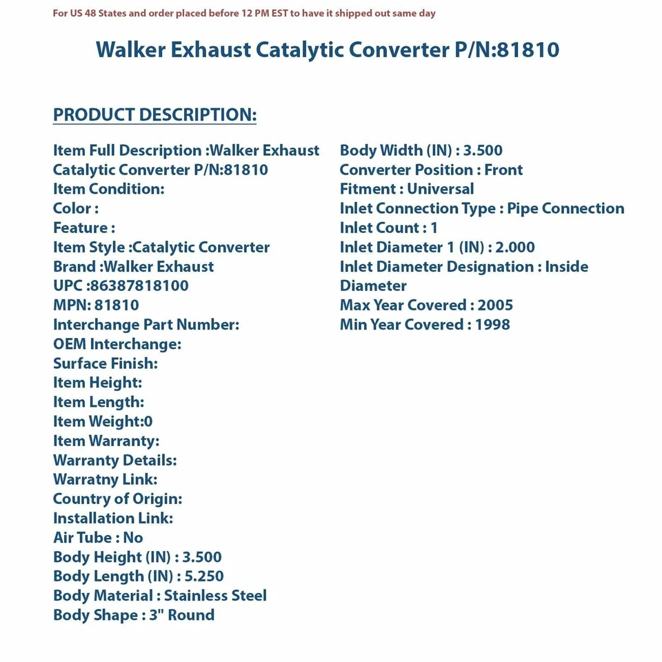 Convertidor Catalítico Escape Walker 81810 | Auto Pieza Alta Calidad, Ajuste Universal Foto 4 de 4