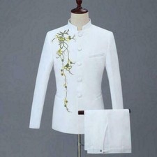 Men Chinese Tunic Suit 2PCS Formal Dress Embroidered Costume Single Breasted