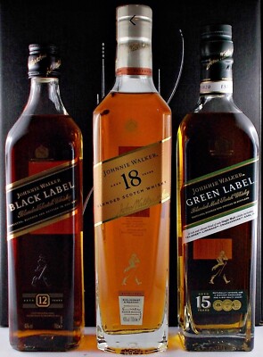 3 Flaschen Johnnie Walker 12 Jahre, 15 Jahre, 18 Jahre Scotch Whisky Geschenk
