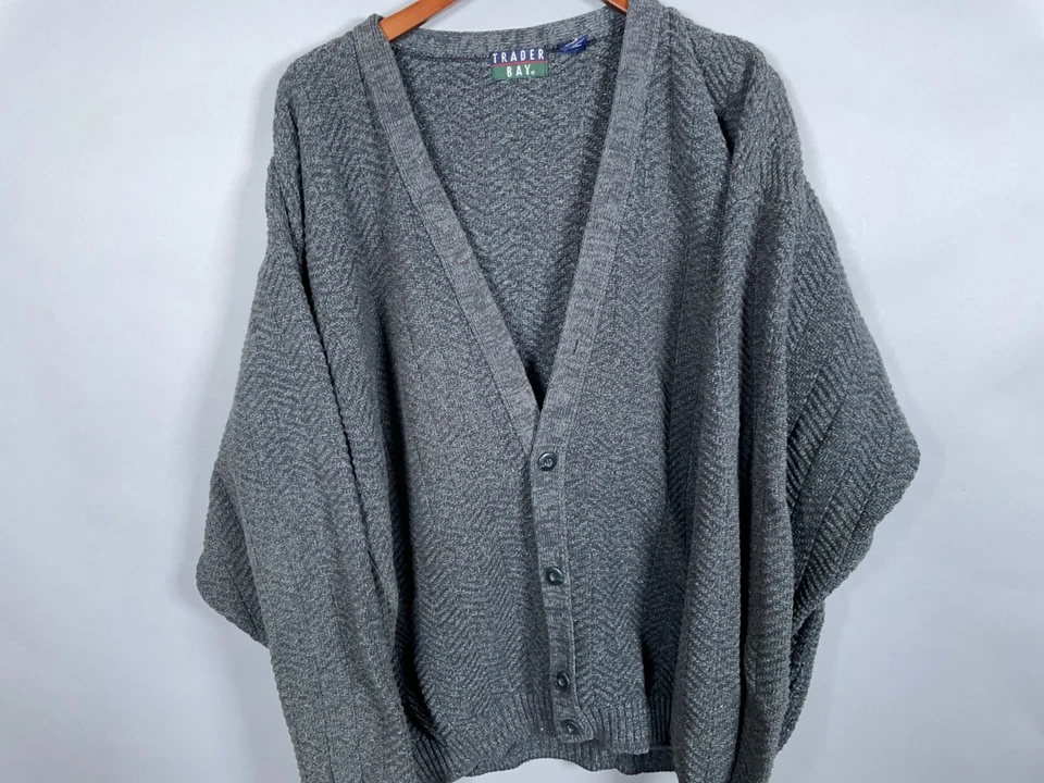 VTG 90s Textured Cotton Cardigan Adult XL Tall Gray Heavyweight Knit USA Made - Image 3 of 4