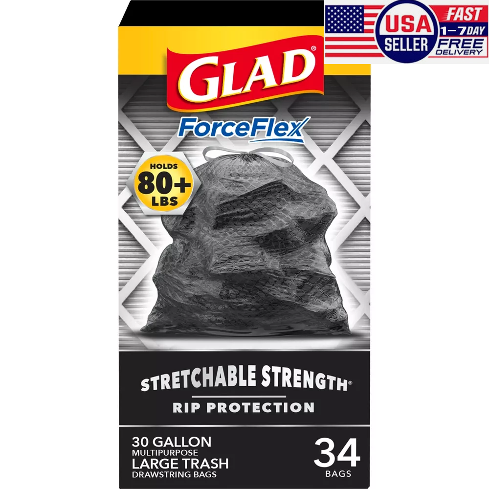 【US Seller&Free Shipment】Glad ForceFlex + Large Drawstring Black Trash Bags-34ct