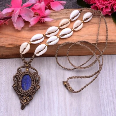 Handgefertigt Natürlich Lapislazuli Kauri Muschel Boho Makramee Edelstein Kette - Bild 1 von 4