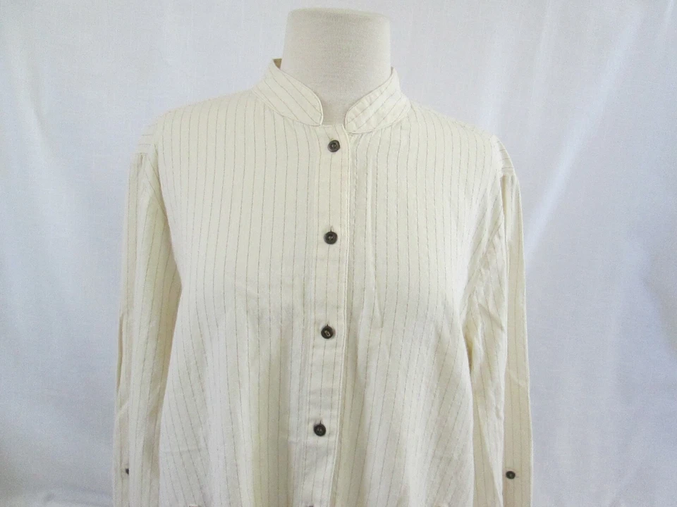 PRIMERA EDICIÓN L ALGODÓN/LINO HILO MARFIL RAYAS BOTÓN CINTURÓN DELANTERO ARO BLUSA Foto 2 de 4