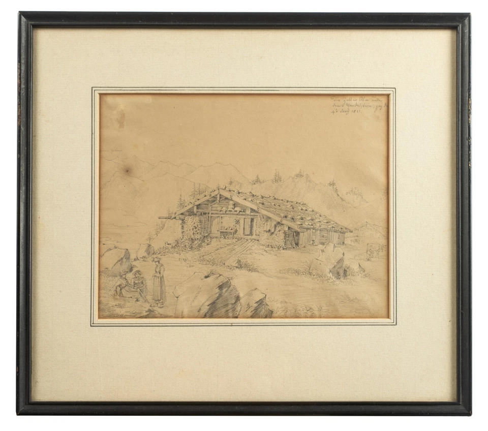 Antiguo dibujo a lápiz de paisaje bávaro alemán, firmado ilegalmente, 1811, enmarcado Foto 2 de 4
